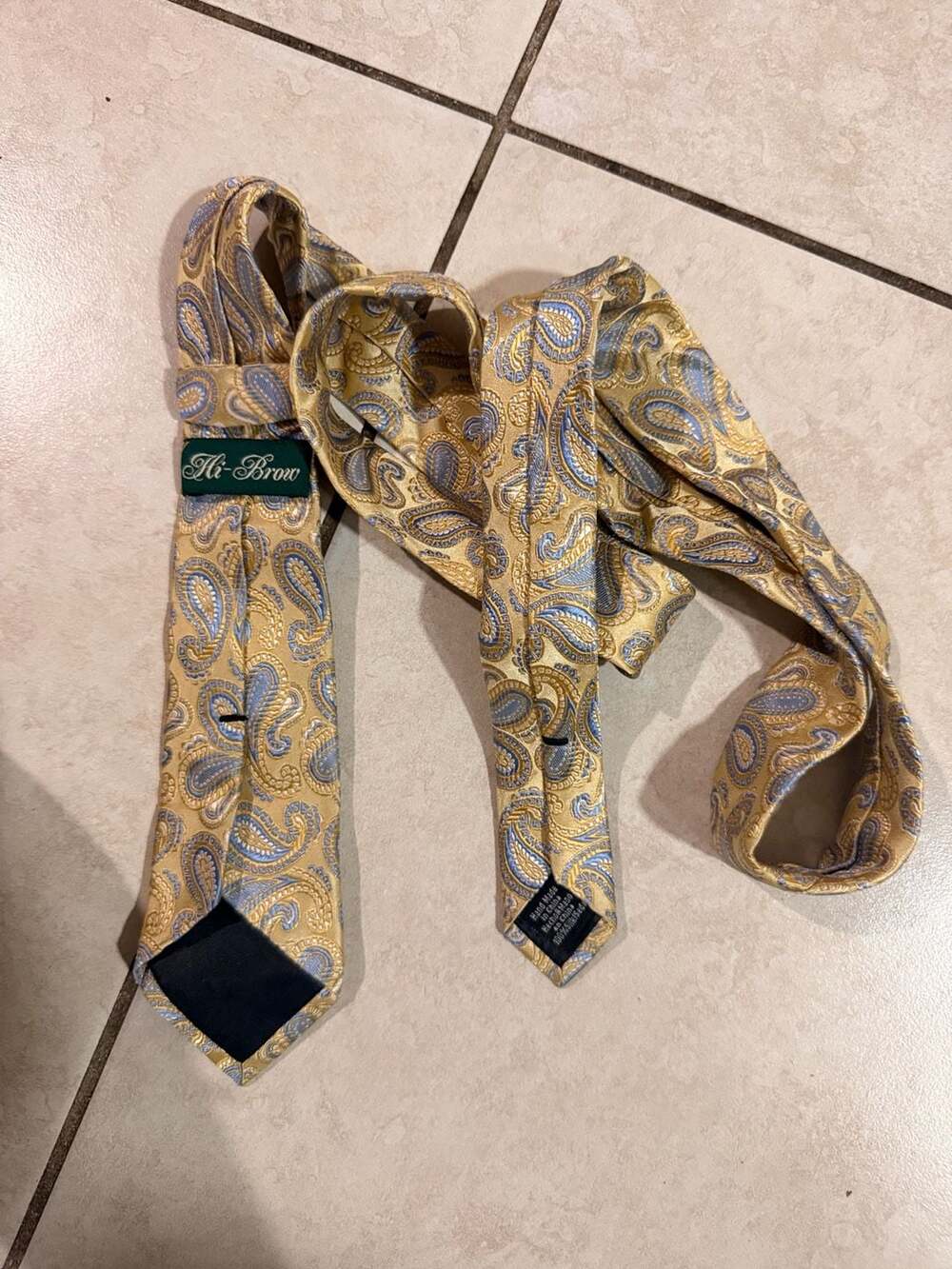 Hi-Brow Gold and Blue Silk Paisley Necktie Hand Made - Picture 6 of 8